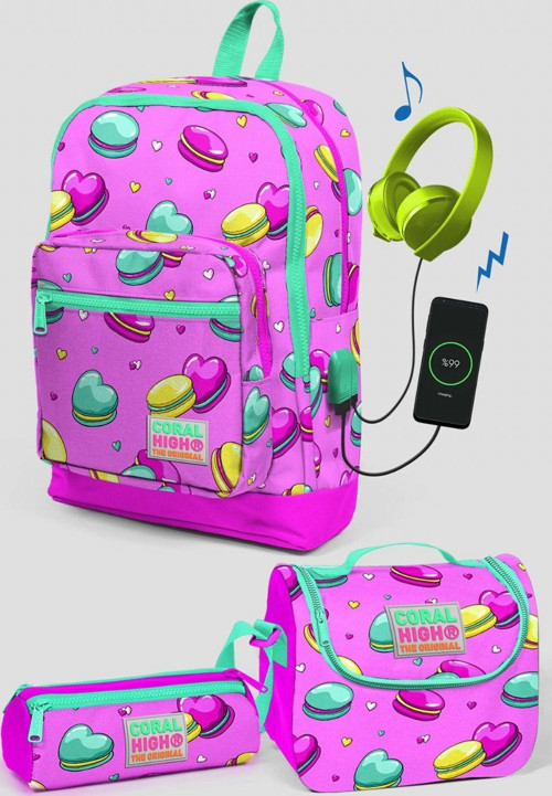 Pembe Makaron Desenli Okul Çanta Seti - Kız Çocuk