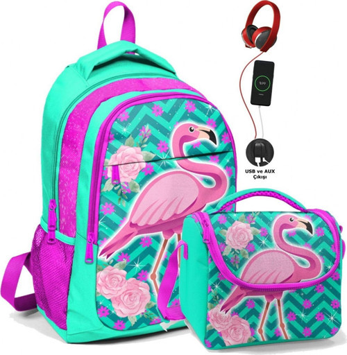 Okul Sırt Çantası ve Beslenme Çantası Seti - Kız Çocuk Pembe Flamingo - USB Soketli
