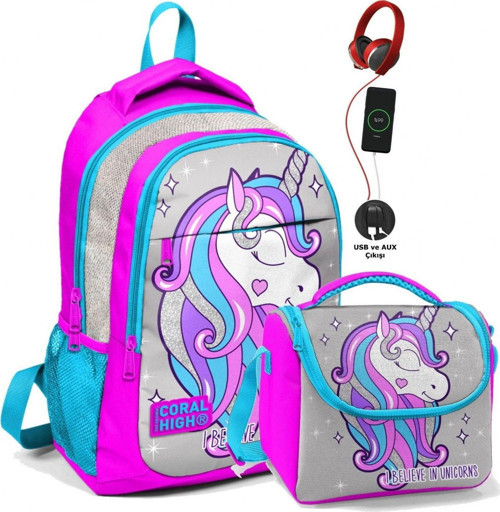 Okul Sırt Çantası ve Beslenme Çantası Seti - Kız Çocuk Pembe Unicorn - USB Soketli