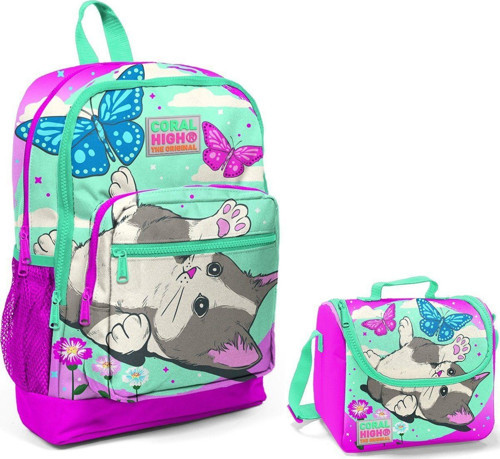 Pembe Sevimli Kedi ve Kelebek İlkokul Çantası ve Beslenme Seti
