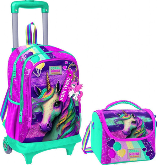 Pembe Su Yeşili Unicorn Işıklı Tekerlekli Okul Çantası ve Beslenme Seti - Kız Çocuk