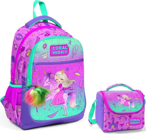 Pembe Yeşil Unicorn ve Prenses Okul Sırt ve Beslenme Çantası Seti - Kız Çocuk