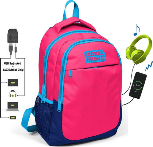 Pembe-Lacivert İlk ve Ortaokul Sırt Çantası - USB ve AUX Çıkışlı - Kız