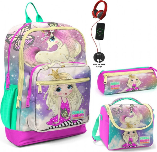 Su Yeşili Unicorn USB Soketli Üçlü İlkokul Çanta Seti - Kız Çocuk