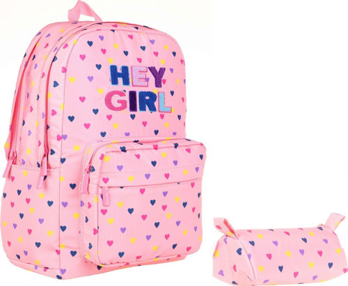 Pembe Kalp Hey Gir Okul Sırt Çantası ve Kalemlik Seti - Kız Çocuk