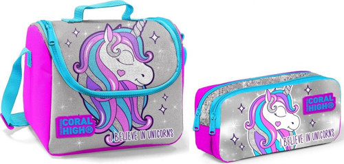 Coral High Beslenme Çantası ve Kalemlik Takım - Gri - Pembe - Unicorn - Kız Çocuk