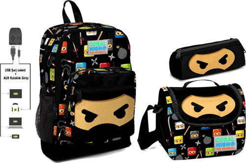 USB ve AUX Çıkışlı Okul Çanta Seti - Erkek Çocuk - Siyah Ninja Desenli