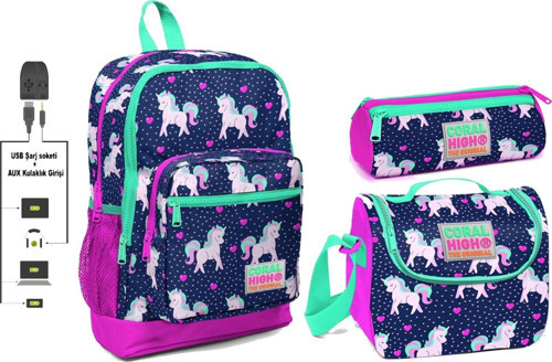 USB ve AUX Çıkışlı Okul Çanta Seti - Kız Çocuk - Pembe Unicorn Baskılı