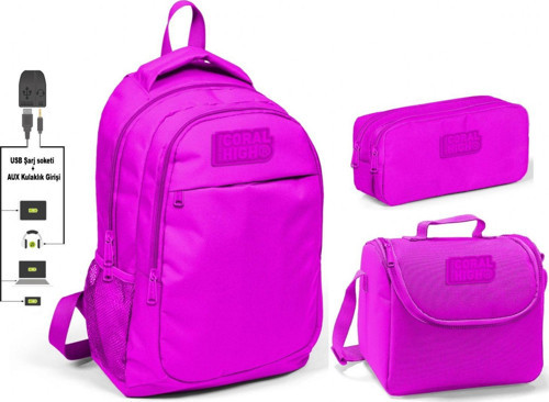Coral High Kız Çocuk Koyu Pembe 3'lü Çanta Takımı - USB Soketli