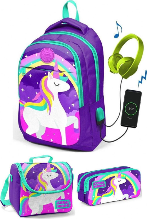 Coral High Kız Çocuk Mor Unicorn 3'lü Çanta Takımı - USB Soketli