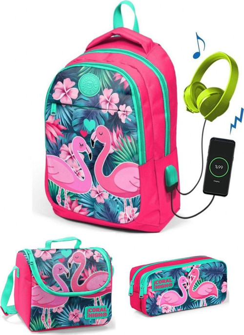 Coral High Kız Çocuk Narçiçeği Flamingo 3'lü Çanta Takımı - USB Soketli
