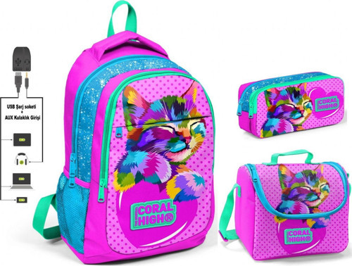 Coral High Kız Çocuk Pembe Sevimli Kedi 3'lü Çanta Takımı - USB Soketli