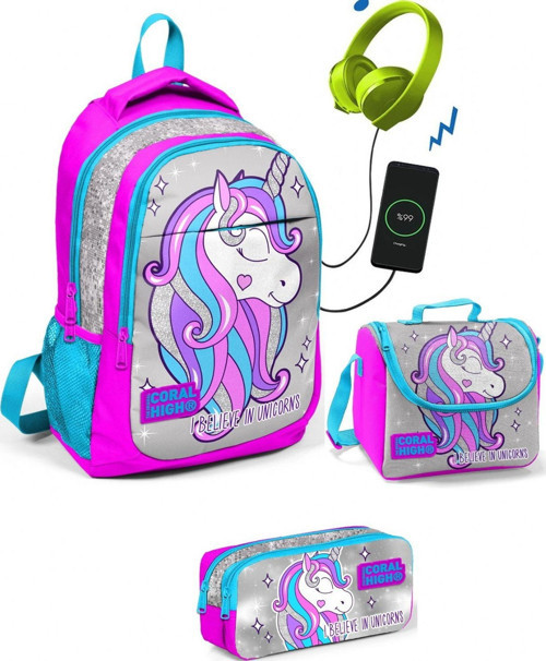 Coral High Kız Çocuk Pembe Unicorn 3'lü Çanta Takımı - USB Soketli