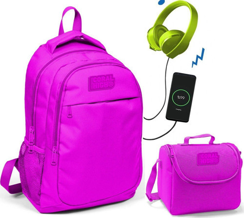Coral High Koyu Pembe Okul ve Beslenme Çantası - Kız Çocuk - USB Soketli