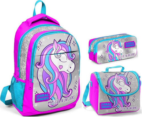 Coral High Pembe Gri Unicorn Kız Çocuk İlkokul Çanta Seti - Sırt Çantası+Beslenme+Kalemlik