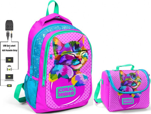 Coral High Pembe Sevimli Kedi Okul ve Beslenme Çantası - Kız Çocuk - USB Soketli