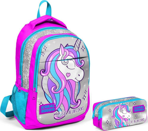 Coral High Pembe Unicorn Kız Çocuk İlkokul Çantası ve Kalemlik Seti