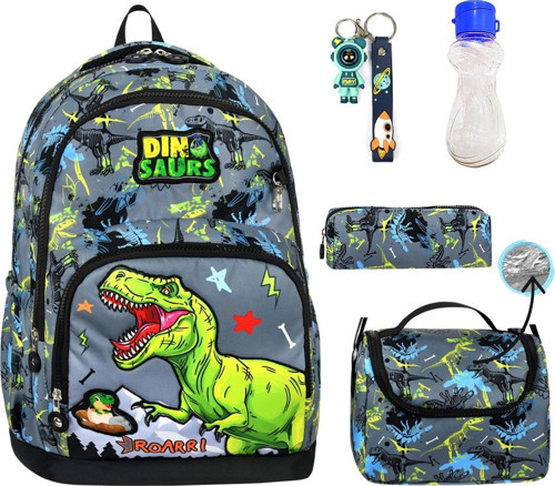 3 Göz Dinosaurs Okul Çantası + Termal Beslenme + Kalemlik + Anahtarlık + Suluk Dinozor Çanta