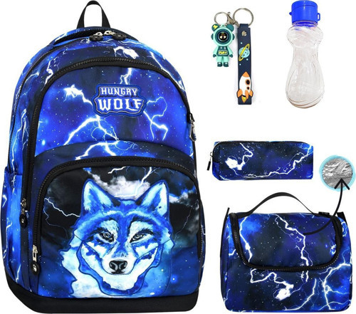 3 Göz Hungry Wolf Kurt Okul Çantası + Termal Beslenme + Kalemlik + Anahtarlık + Suluk Kurt Çanta