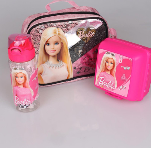 DEKOMUS LİSANSLI BARBIE GİZEMLİ PARILTILAR KOLEKSİYONU "COLLEGE" BESLENME ÇANTASI,500 ML MATARA VE BESLENME KABI SETİ