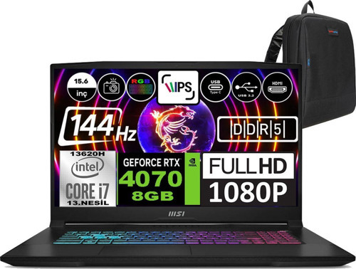 Katana 15 Intel Core I7 13620H 16GB 2tb SSD RTX4070 (105W)8GB Freedos 15.6" Fhd IPS 144Hz Taşınabilir Bilgisayar B13VGK2023XTRWF03 + Zetta Çanta
