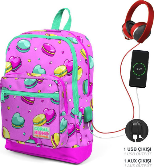 Kids Açık Pembe Makaron Desenli USB Şarjlı Kulaklık Çıkışlı Okul Sırt Çantası 23261