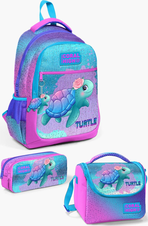 Kids Açık Pembe Mavi Kaplumbağa Desenli 3’lü Okul Çanta Seti SET0123497