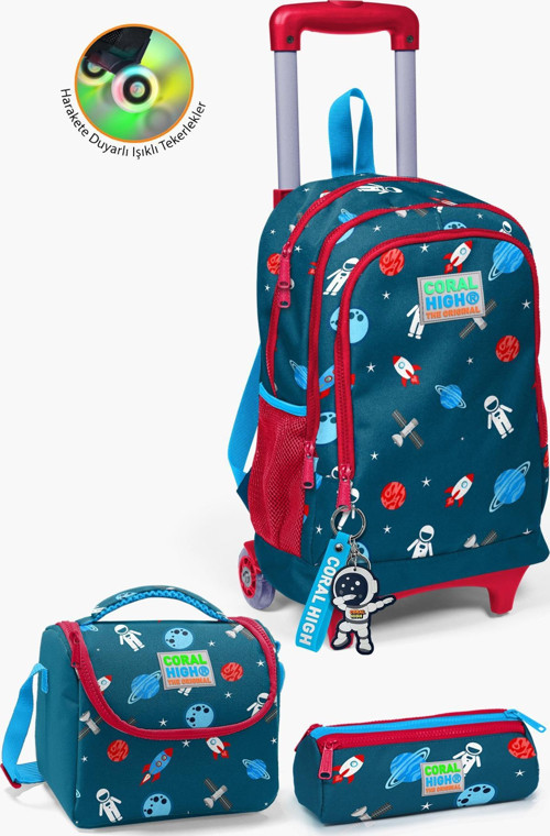 Kids Çivit Kırmızı Uzay Desenli Çekçekli 3'lü Çanta Seti SET0123136