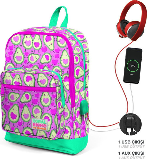 Kids Dört Bölmeli Avokado Desenli İlkokul Çantası USB Şarjlı Kulaklık Çıkışlı 23809