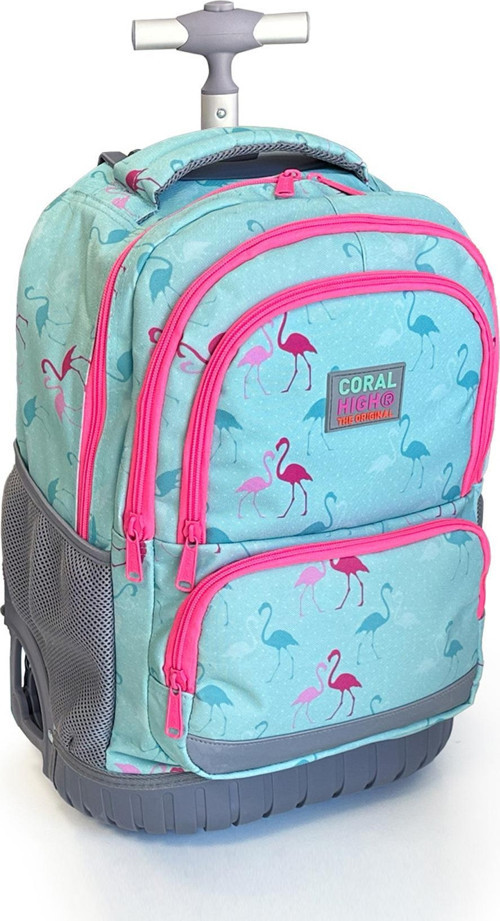 Coral High Kids Flamingo Desenli, Su Yeşili Renkli, İki Kademeli Çekçekli, Sırt Ve Okul Çantası 24022