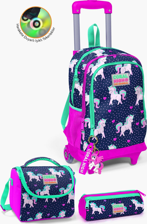 Kids Lacivert Pembe Unicorn Desenli Çekçekli 3'lü Çanta Seti SET0123366