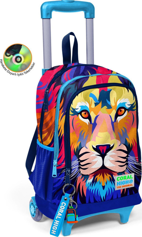 Kids Lacivert Saks Aslan Desenli Üç Bölmeli Çekçekli Okul Sırt Çantası 23941
