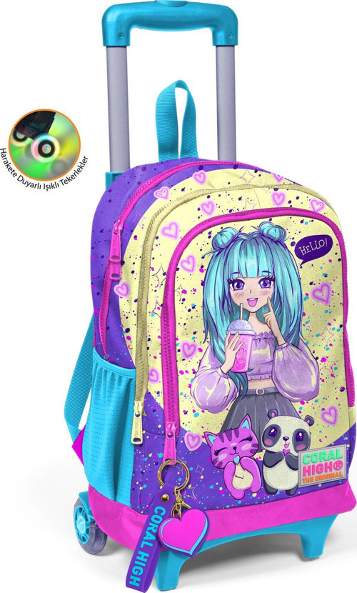 Kids Mor Pembe Anime Kız Desenli Üç Bölmeli Çekçekli Okul Sırt Çantası 23935
