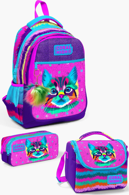 Kıds Mor Pembe Kedi Desenli 3’lü Okul Çanta Seti SET0123477