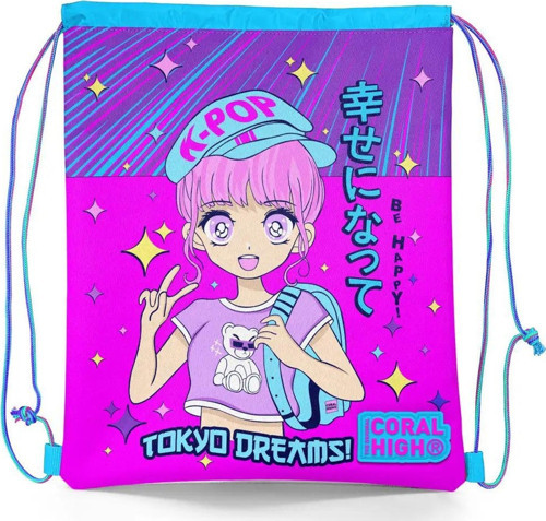 Kids Mor Pembe Mavi K-Pop Desenli İpli Büzgülü Sırt Çantası 22477