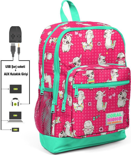 Kids Neon Mercan Alpaka Desenli USB Şarjlı Kulaklık Çıkışlı Okul Sırt Çantası 23268