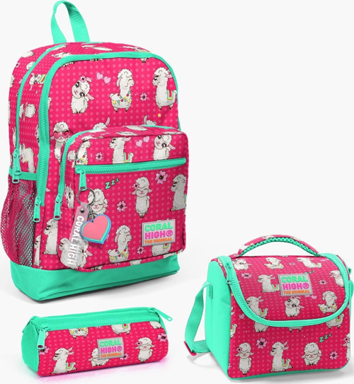 Kids Neon Mercan Su Yeşili Alpaka Desenli 3’lü Okul Çanta Seti SET0123466