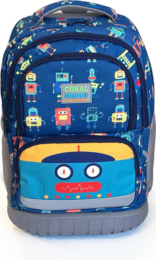 Coral High Kids Robot Desenli, Lacivert Renkli, İki Kademeli Çekçekli, Sırt Ve Okul Çantası 24025 3