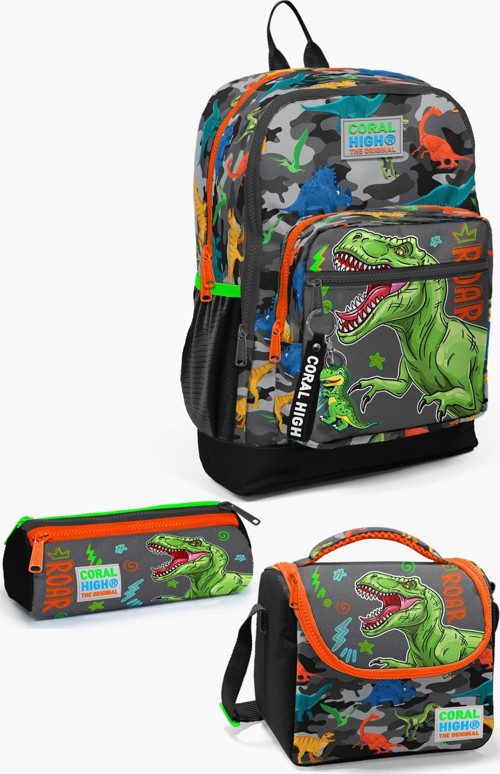 Kids Siyah Gri Dinozor Desenli 3’lü Okul Çanta Seti SET0123744