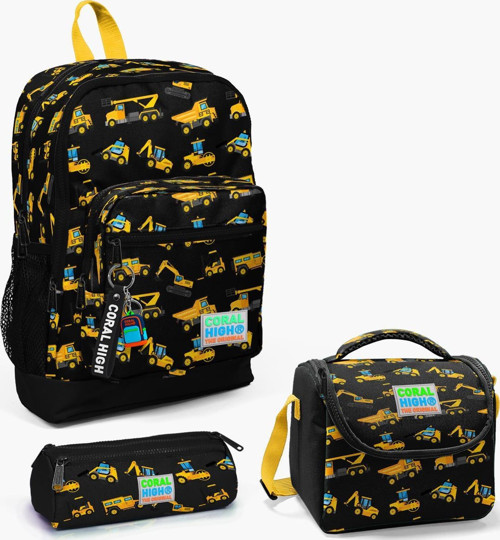 Kids Siyah Sarı İş Makinesi Desenli 3’lü Okul Çanta Seti SET0123475