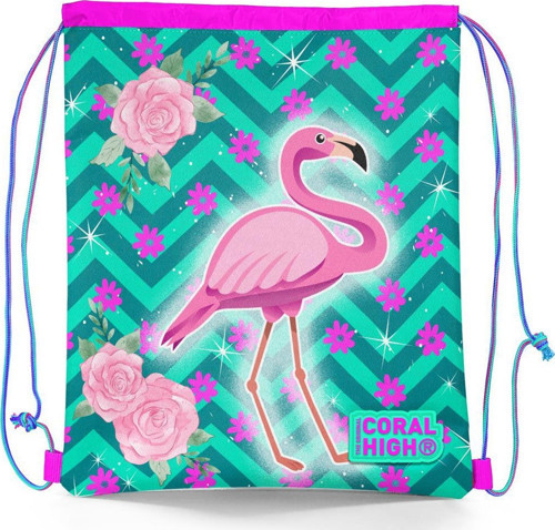 Kids Su Yeşili Pembe Flamingo Desenli İpli Büzgülü Sırt Çantası 22481