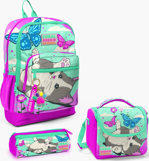 Kids Su Yeşili Pembe Kedi Desenli 3’lü Okul Çanta Seti SET0123707