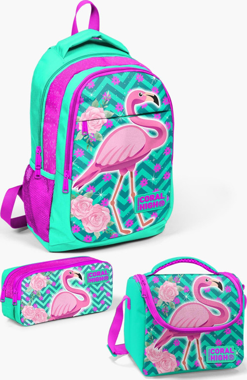Kids Su Yeşili Pembe Simli Flamingo Desenli 3’lü Okul Çanta Seti SET0114382