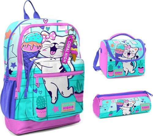 Coral High 23751 İlkokul Sırt Çantası + Beslenme Çantası + Kalem Kutusu 3'lü Set