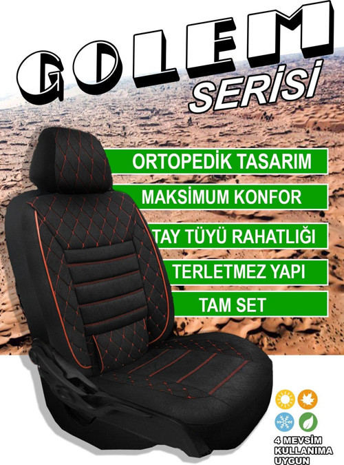 Golem Serisi Taytüyü Kumaş Deri Detaylı Ortopedik Oto Koltuk Kılıfı 5Li Tam Set