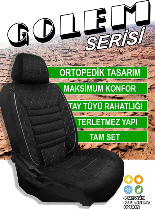 Golem Serisi Taytüyü Kumaş Deri Detaylı Ortopedik Oto Koltuk Kılıfı Ön Arka Tam Set