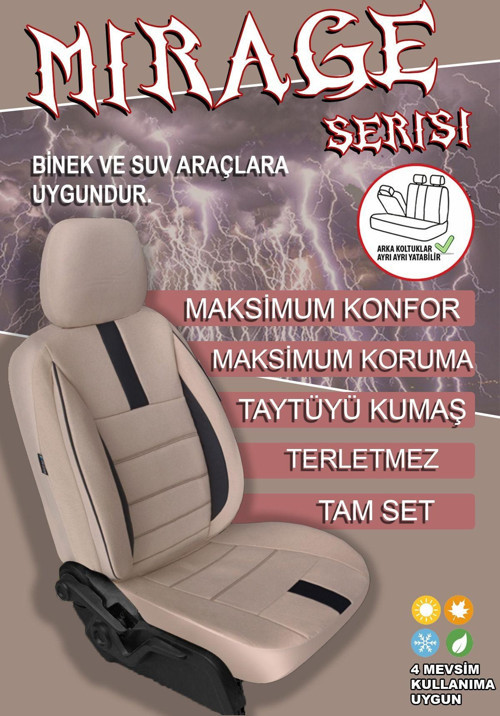 Mirage Serisi Taytüyü Kumaş Deri Detaylı Airbag Dikimli Oto Koltuk Kılıfı Ön Arka Tam Set