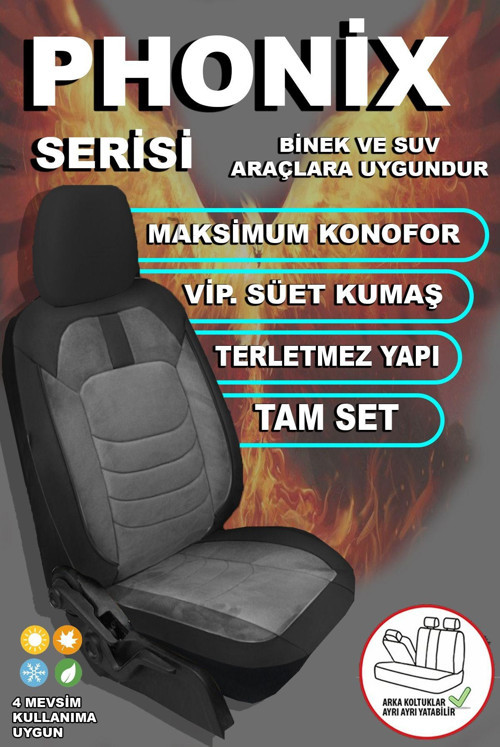 Phonix Serisi Süet , Jakar Kumaş Oto Koltuk Kılıfı Ön Arak Tam Set