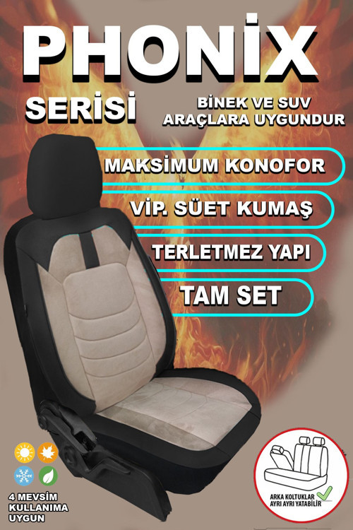 Phonix Serisi Süet , Jakar Kumaş Oto Koltuk Kılıfı Ön Arak Tam Set
