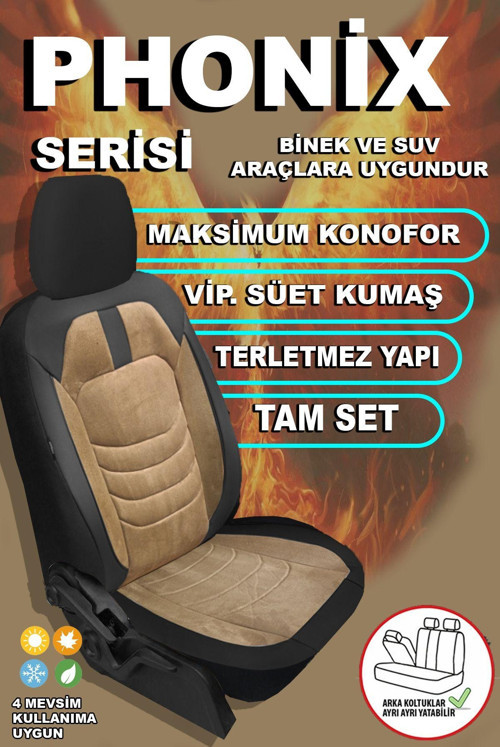 Phonix Serisi Süet , Jakar Kumaş Oto Koltuk Kılıfı Ön Arak Tam Set